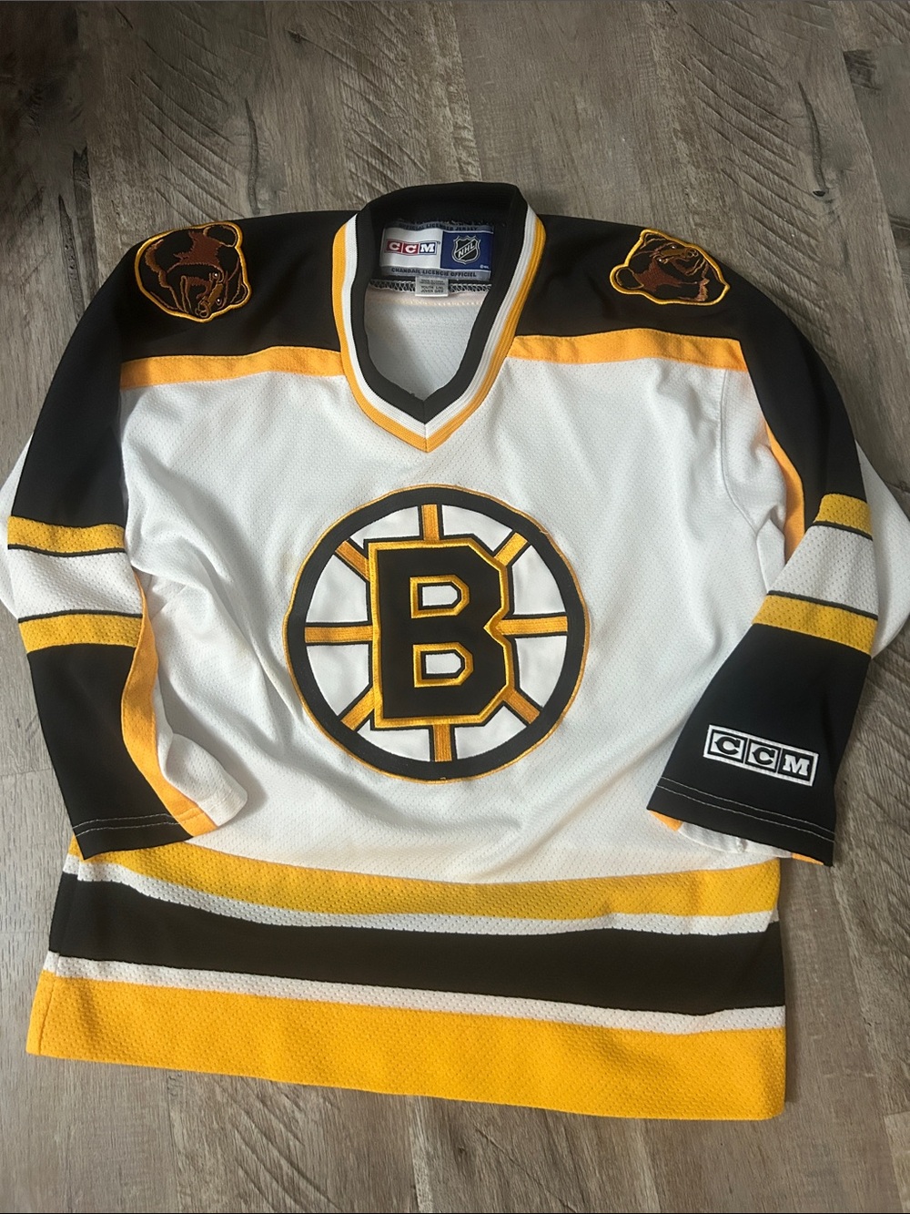CCM Boston Bruins White Black Gold Hockey Jersey with Shoulder Patches